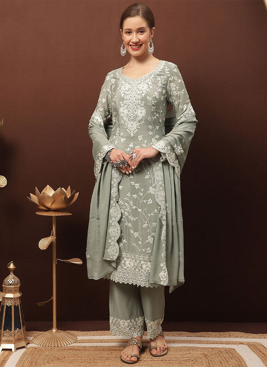 Salwar Suit Chiffon Chinon Grey Crystals Salwar Kameez