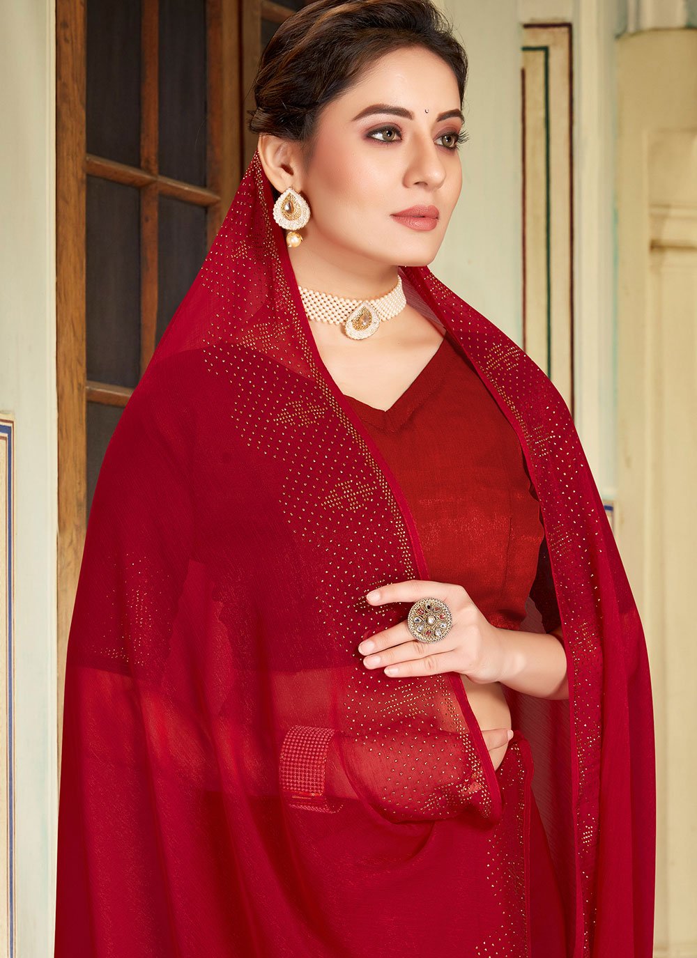 Trendy Saree Chiffon Maroon Stone Saree