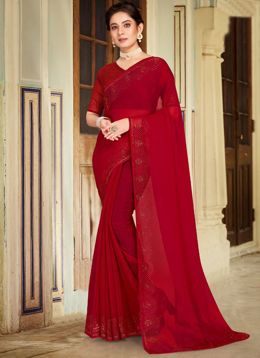 Trendy Saree Chiffon Maroon Stone Saree