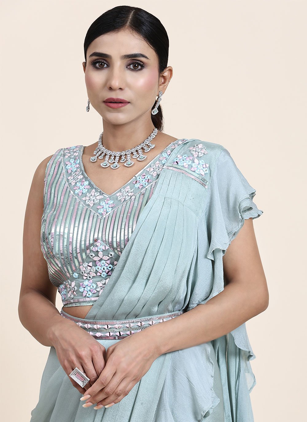 Designer Chiffon Aqua Blue Mirror Saree