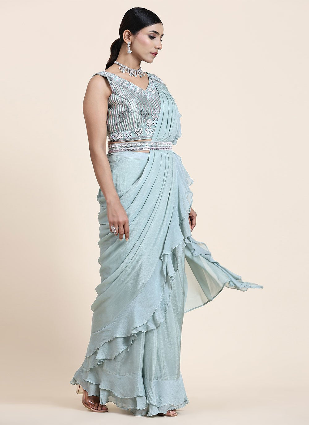 Designer Chiffon Aqua Blue Mirror Saree