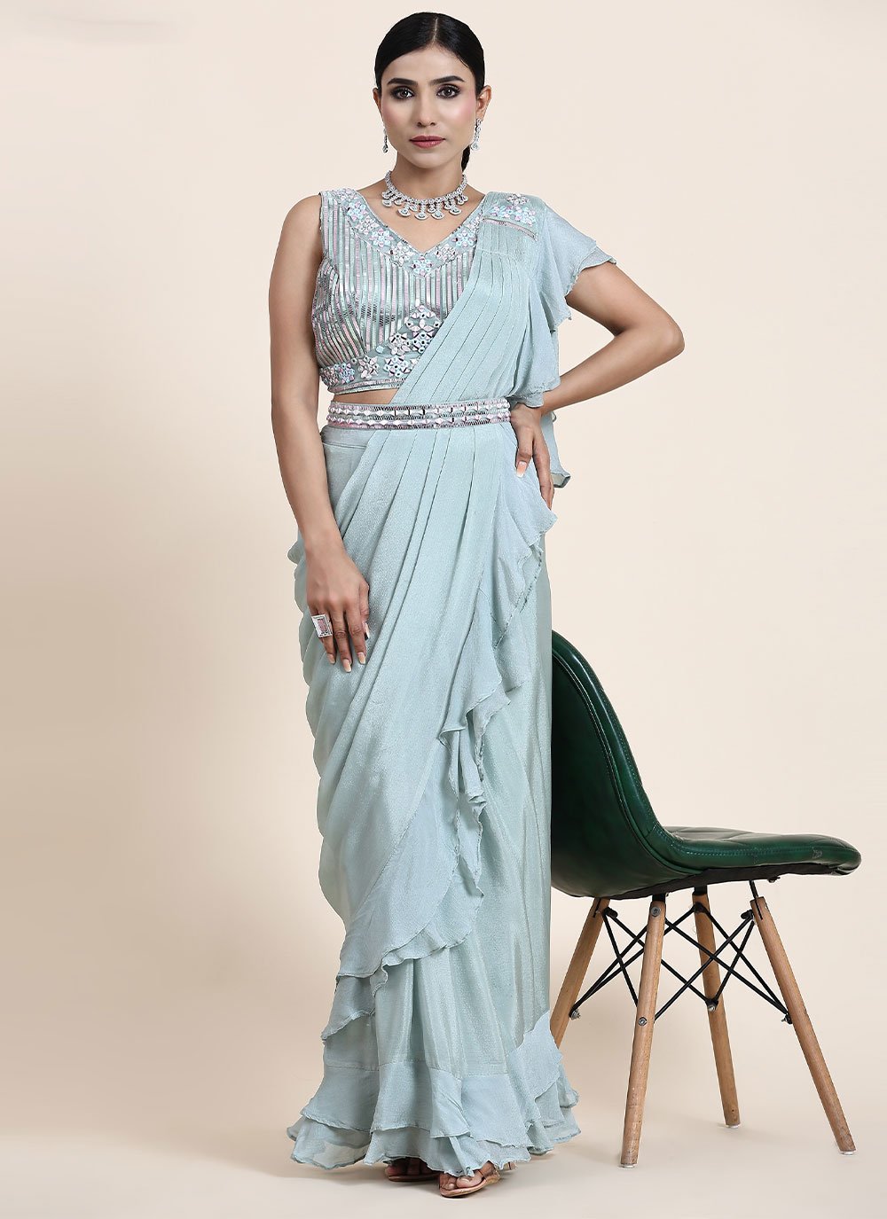 Designer Chiffon Aqua Blue Mirror Saree