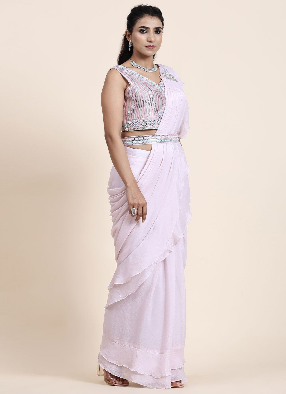 Traditional Saree Chiffon Pink Mirror Saree