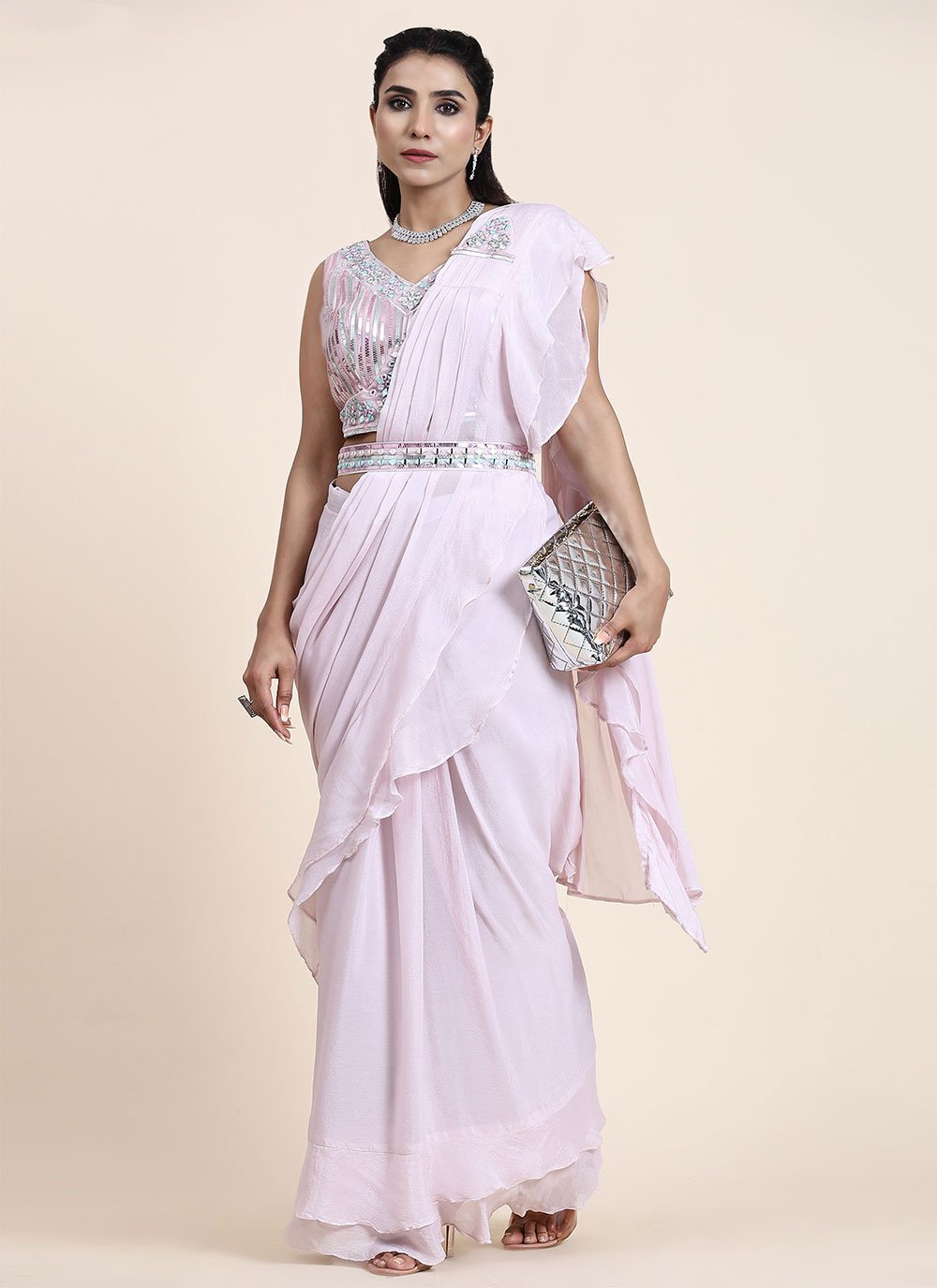 Traditional Saree Chiffon Pink Mirror Saree