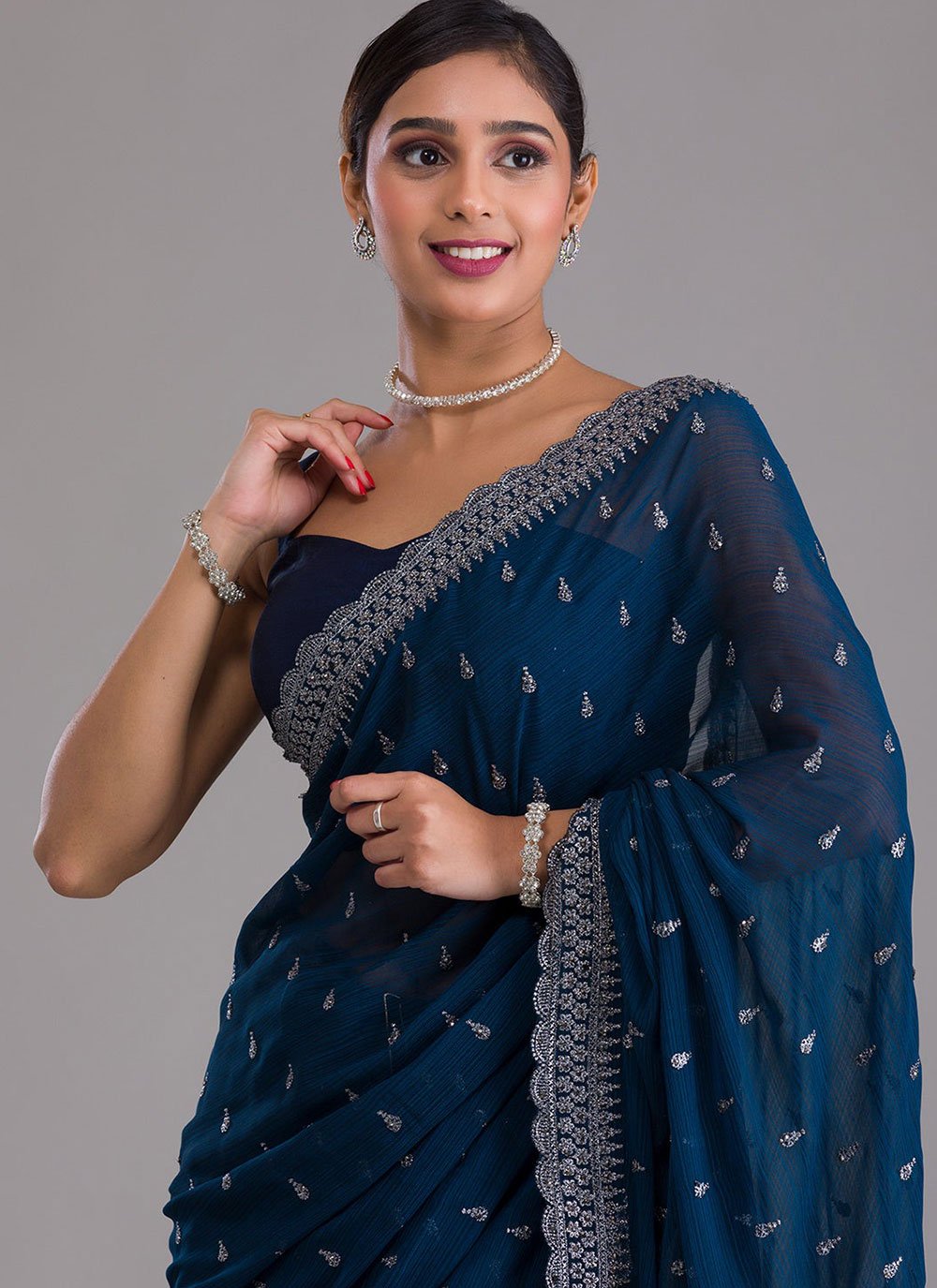 Traditional Saree Chiffon Morpeach Dori Work Saree