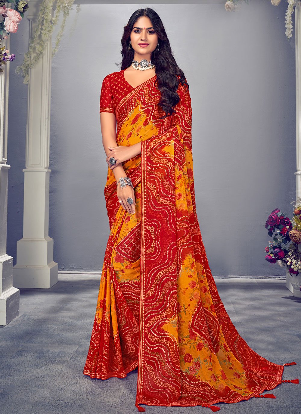 Contemporary Chiffon Multi Colour Bandhej Saree