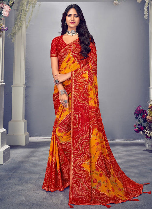 Contemporary Chiffon Multi Colour Bandhej Saree