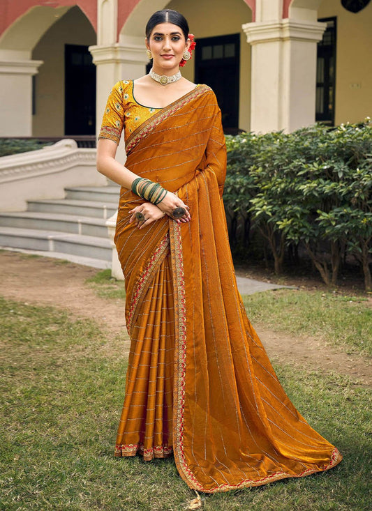 Contemporary Chiffon Mustard Embroidered Saree