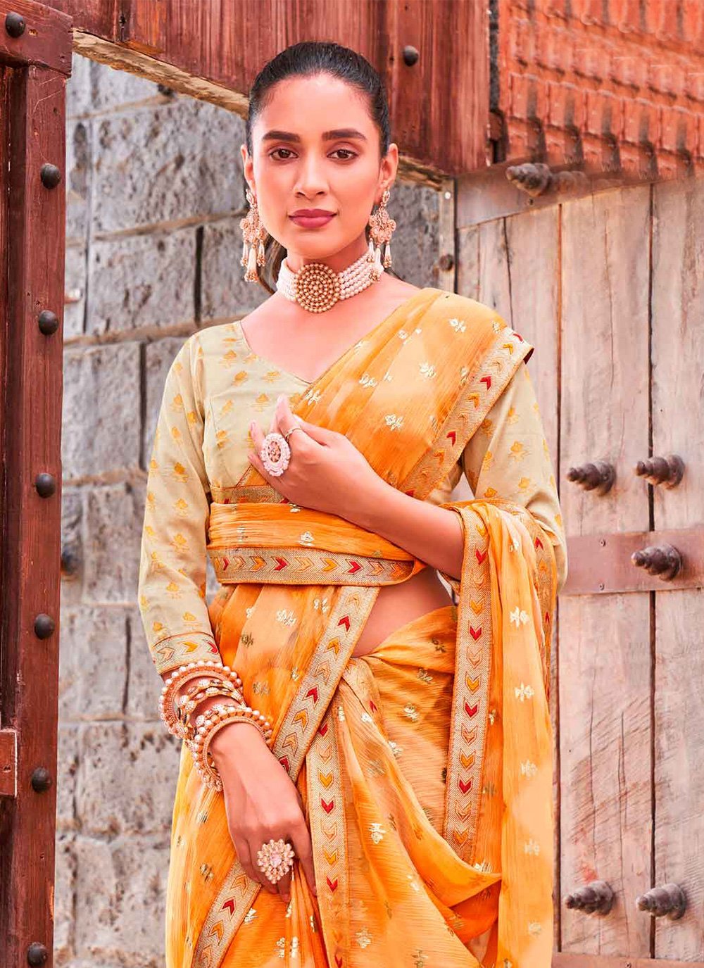 Classic Chiffon Mustard Fancy Work Saree