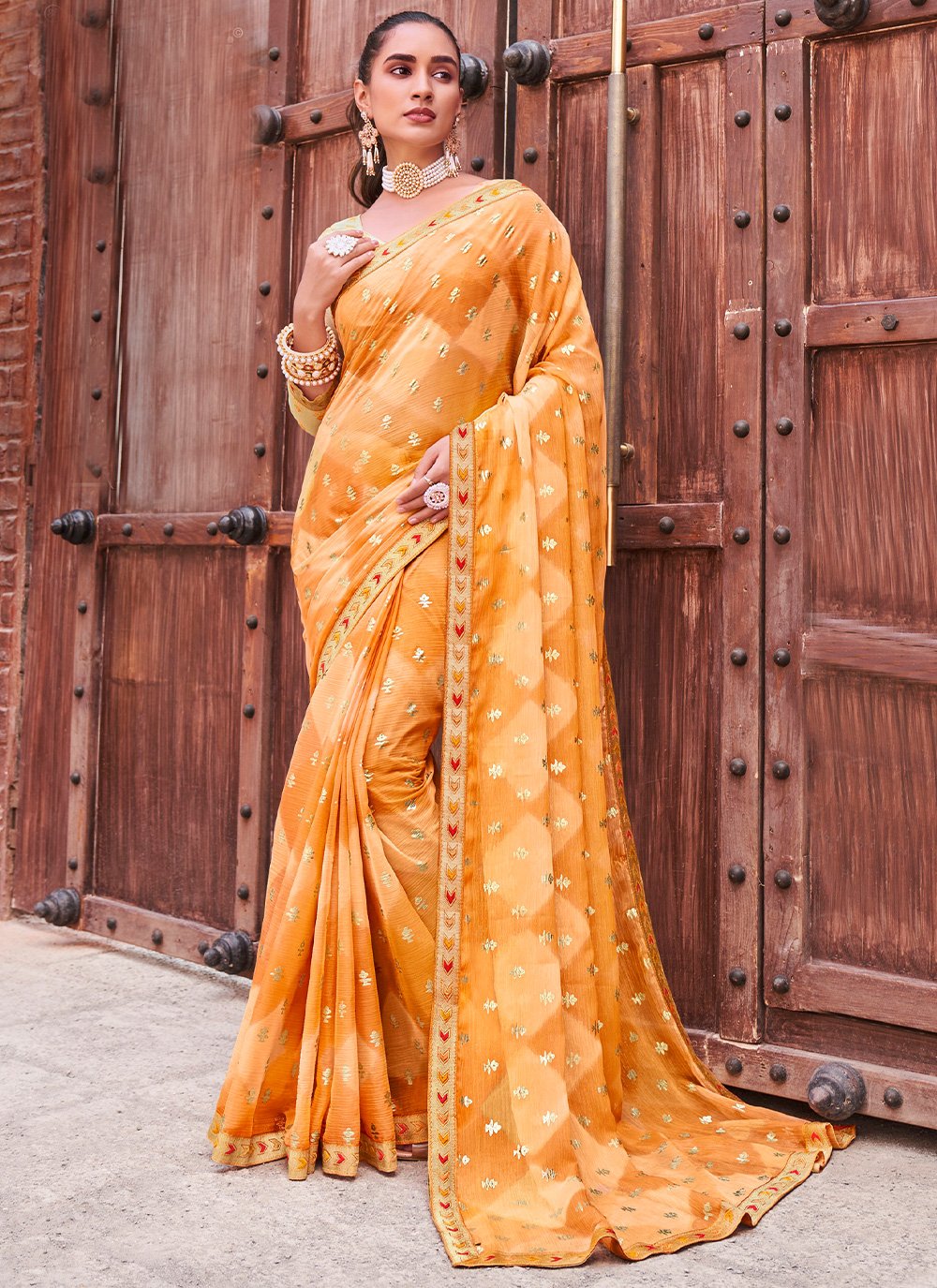 Classic Chiffon Mustard Fancy Work Saree