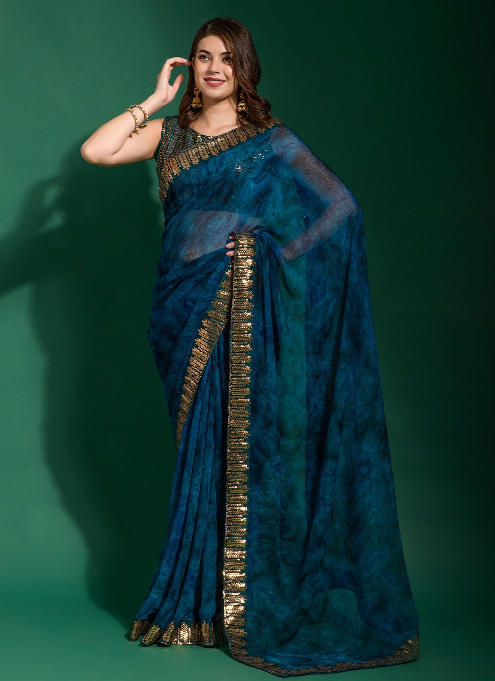 Classic Chiffon Blue Patch Border Saree