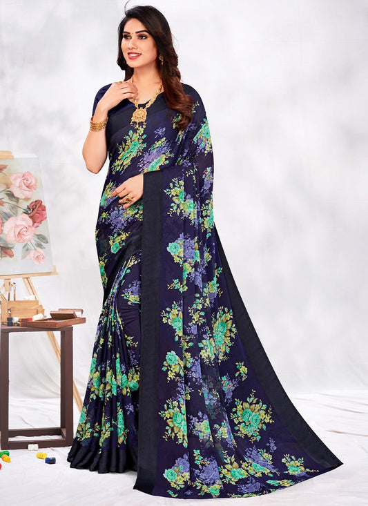 Classic Chiffon Blue Floral Patch Saree