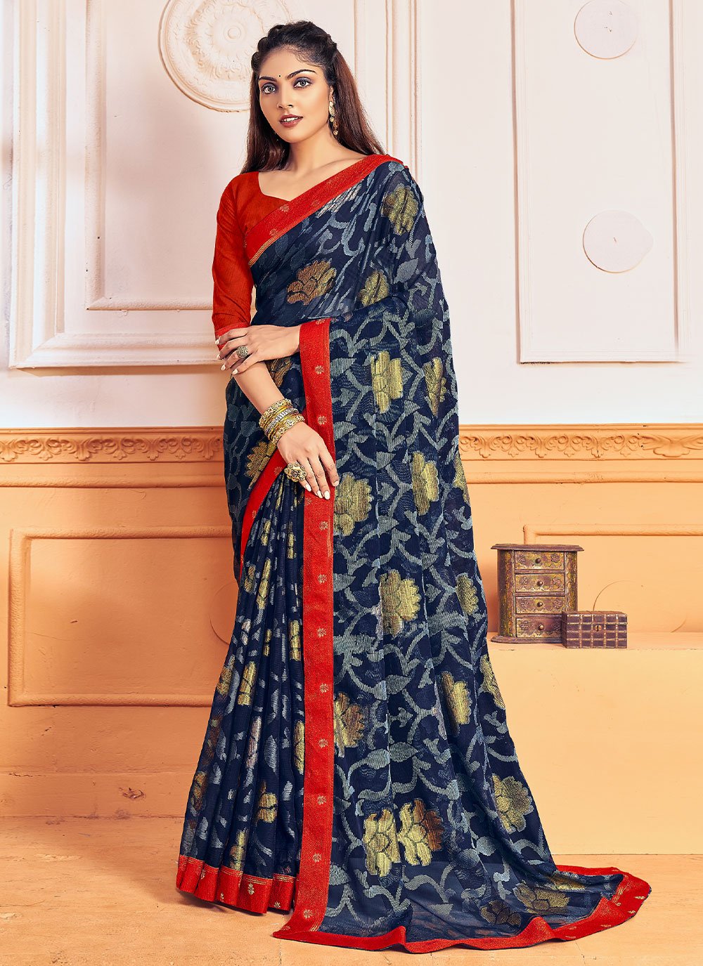 Classic Brasso Chiffon Blue Foil Print Saree