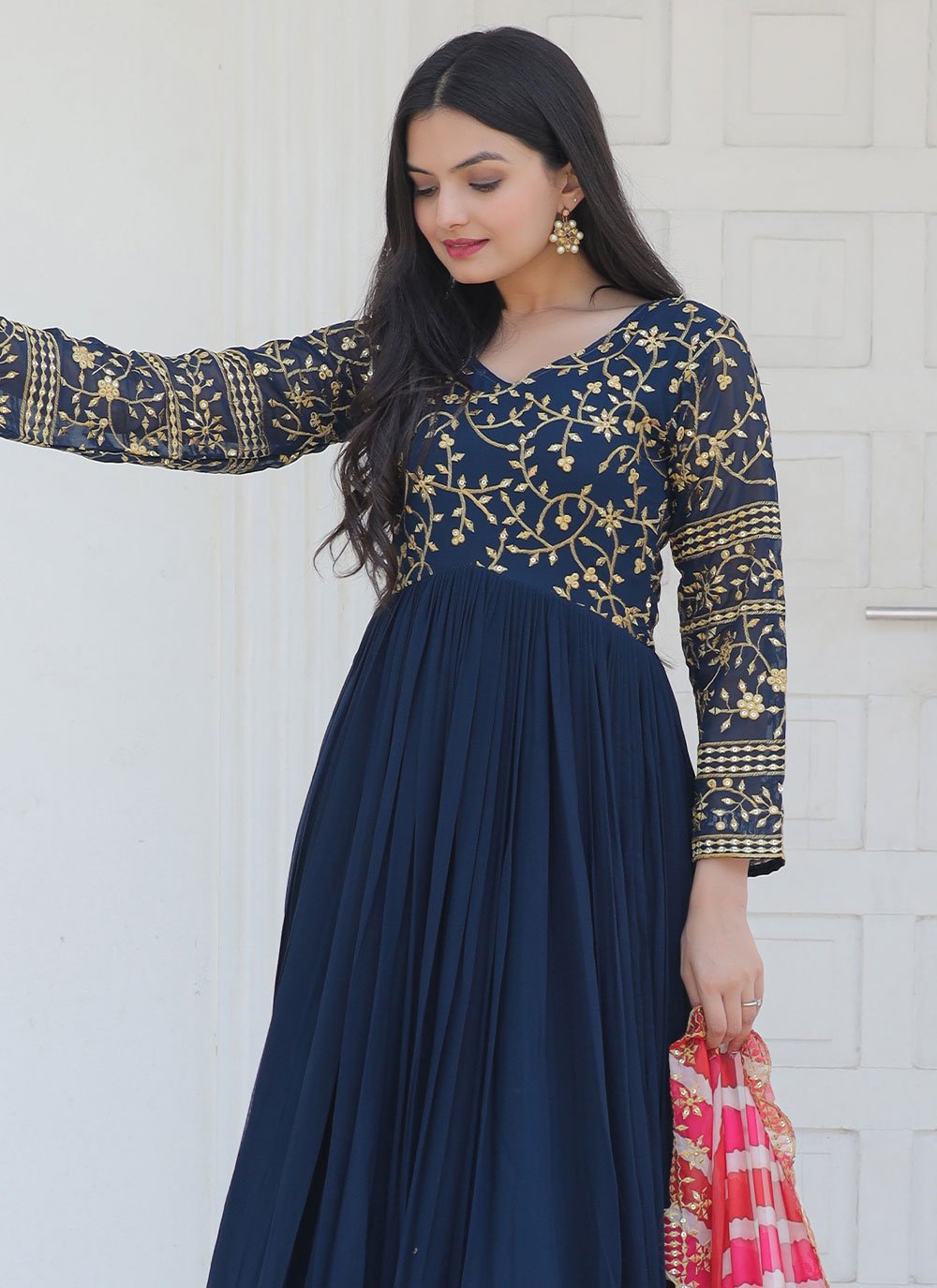 Gown Chiffon Blue Embroidered Gown