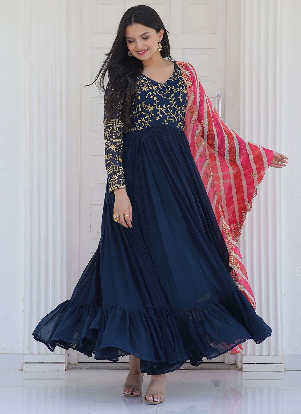 Gown Chiffon Blue Embroidered Gown