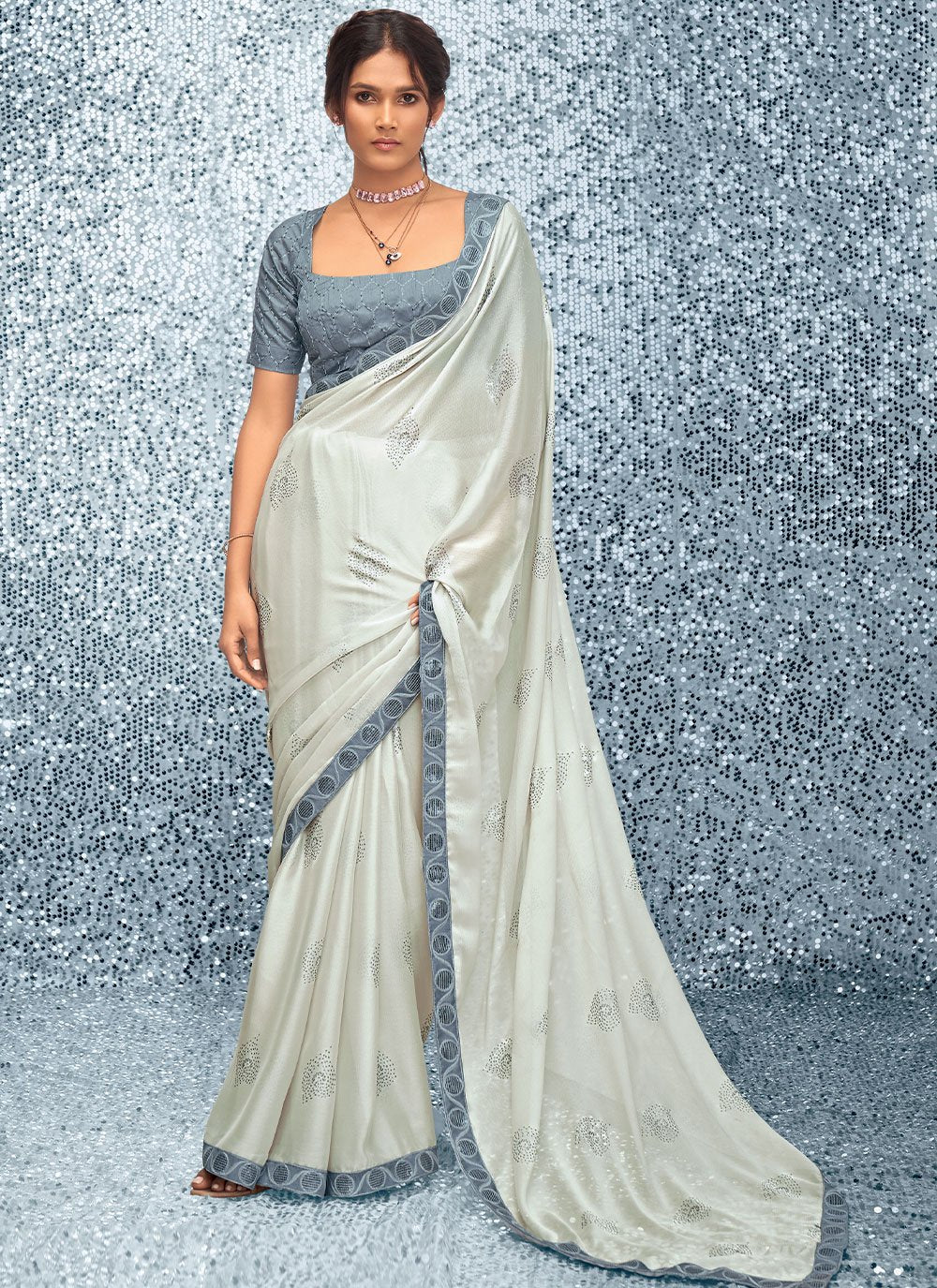 Trendy Saree Chiffon Off White Embroidered Saree