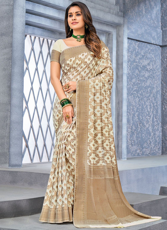 Contemporary Chiffon Viscose Off White Weaving Saree