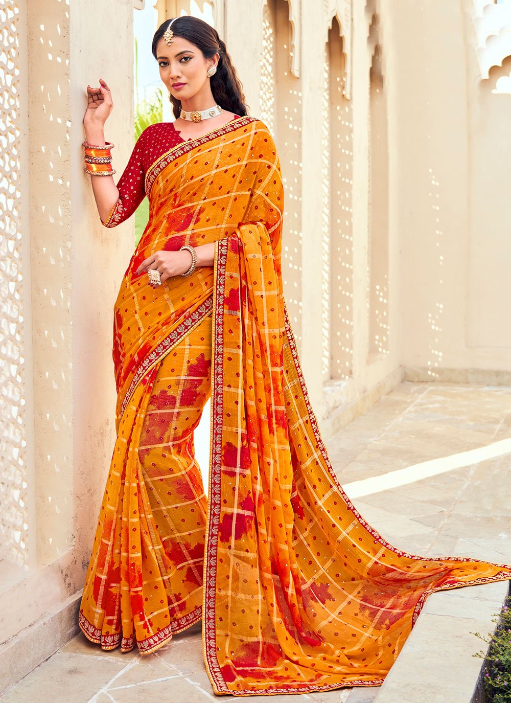 Trendy Saree Chiffon Orange Bandhej Saree