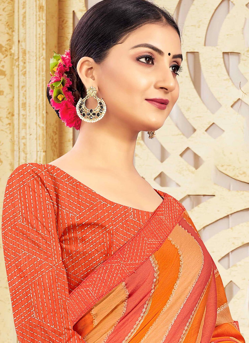 Contemporary Chiffon Orange Patch Border Saree