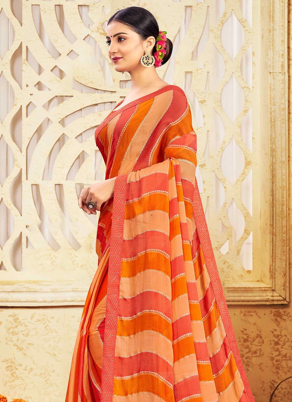 Contemporary Chiffon Orange Patch Border Saree