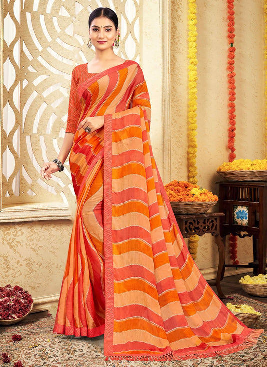 Contemporary Chiffon Orange Patch Border Saree