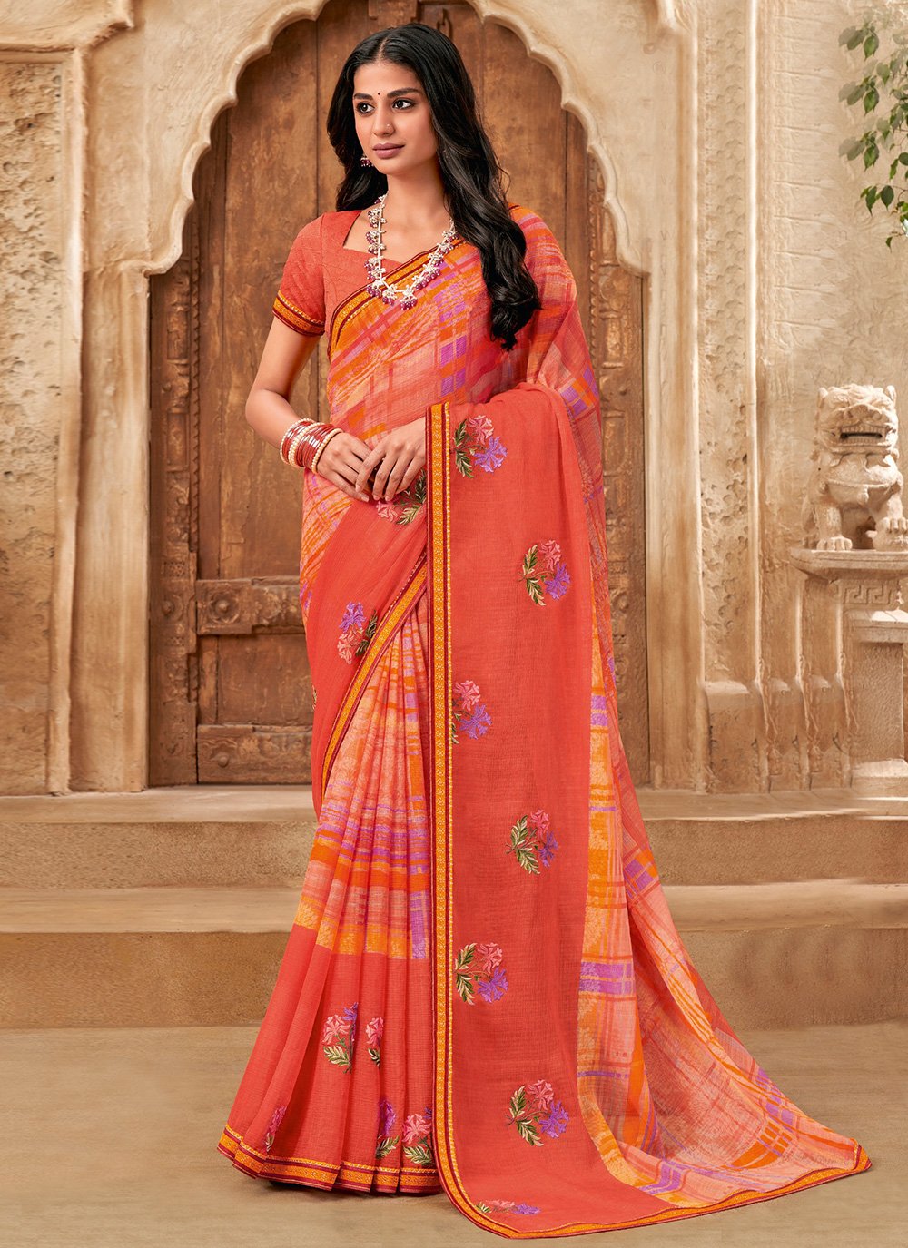 Trendy Saree Chiffon Orange Fancy Work Saree