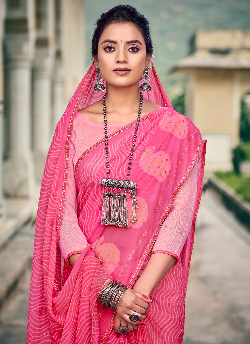 Classic Chiffon Pink Foil Print Saree