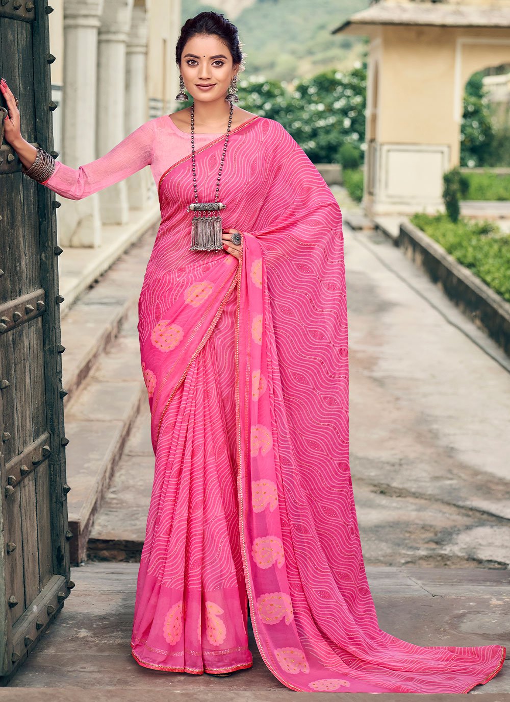 Classic Chiffon Pink Foil Print Saree