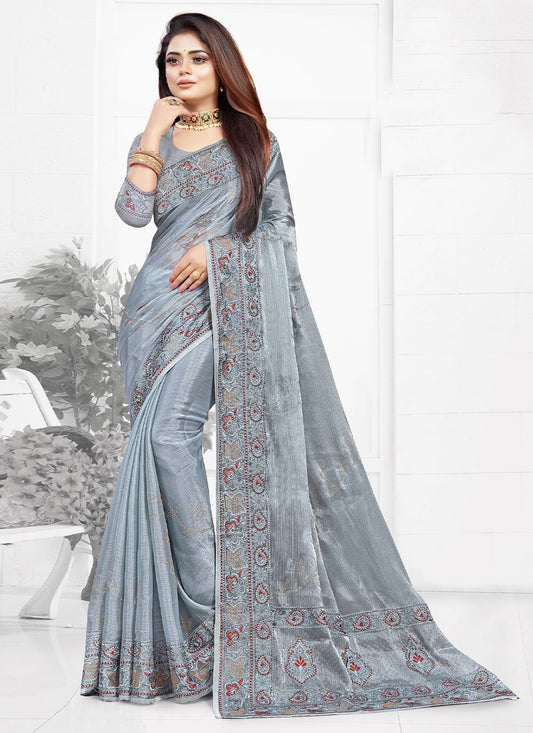 Designer Chiffon Grey Embroidered Saree