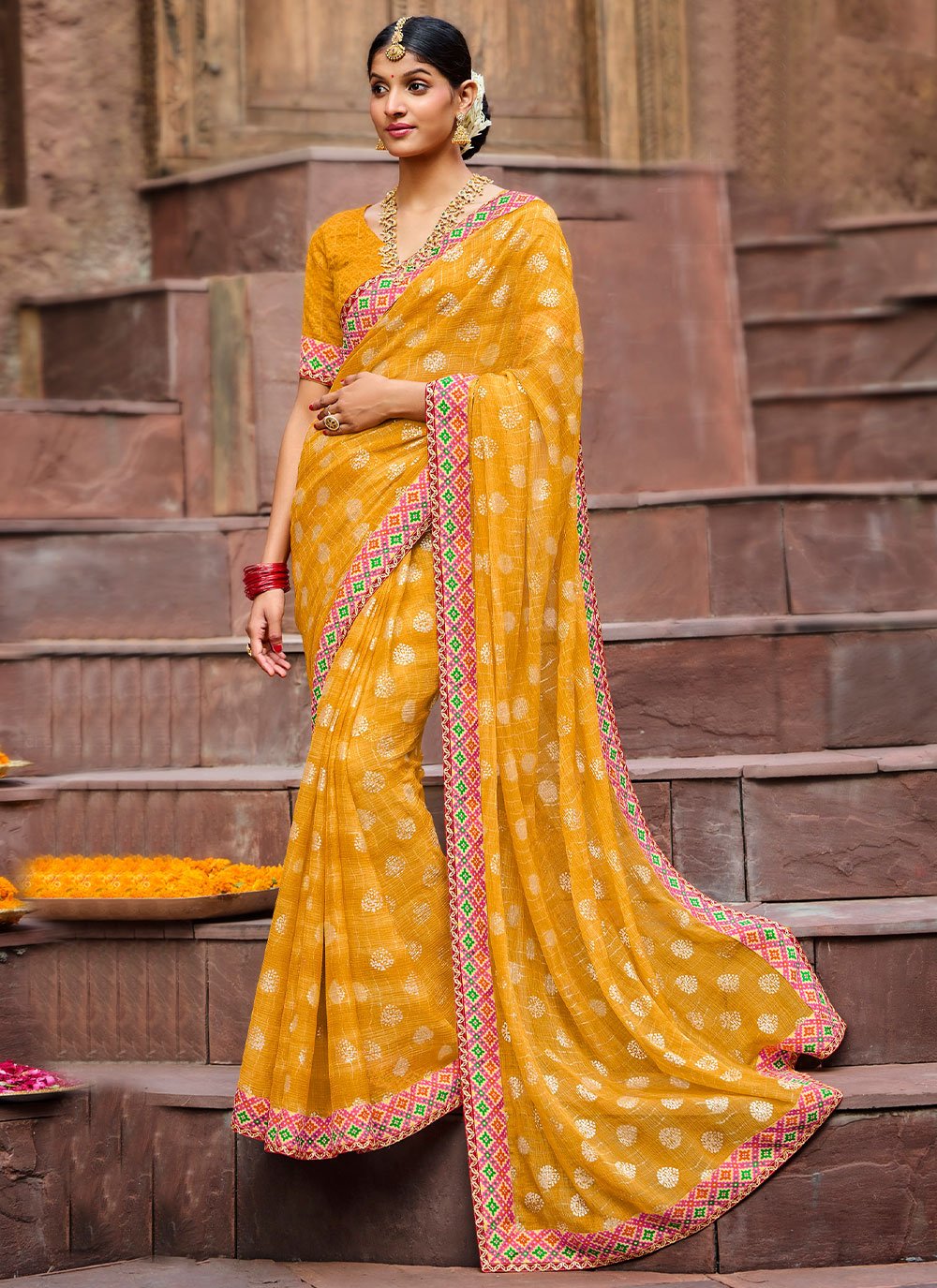 Traditional Saree Chiffon Yellow Patch Border Saree