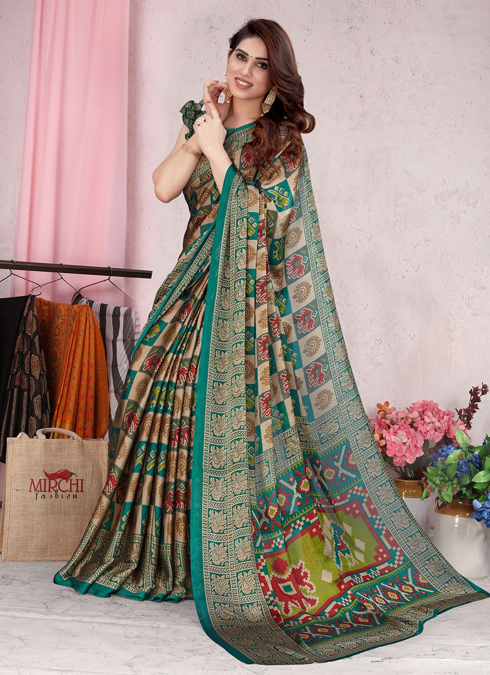 Trendy Saree Chiffon Green Patola Print Saree