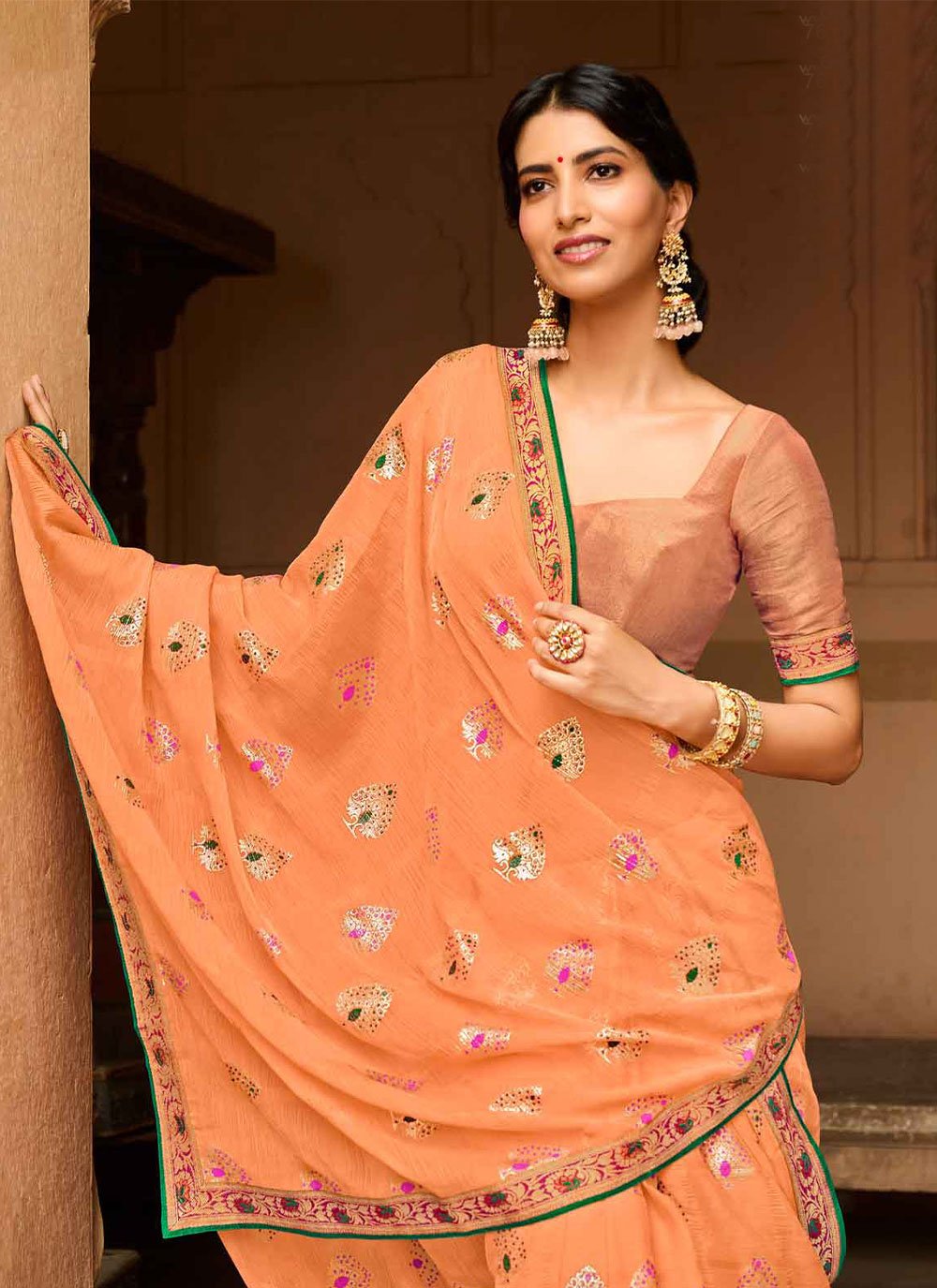 Contemporary Chiffon Peach Foil Print Saree