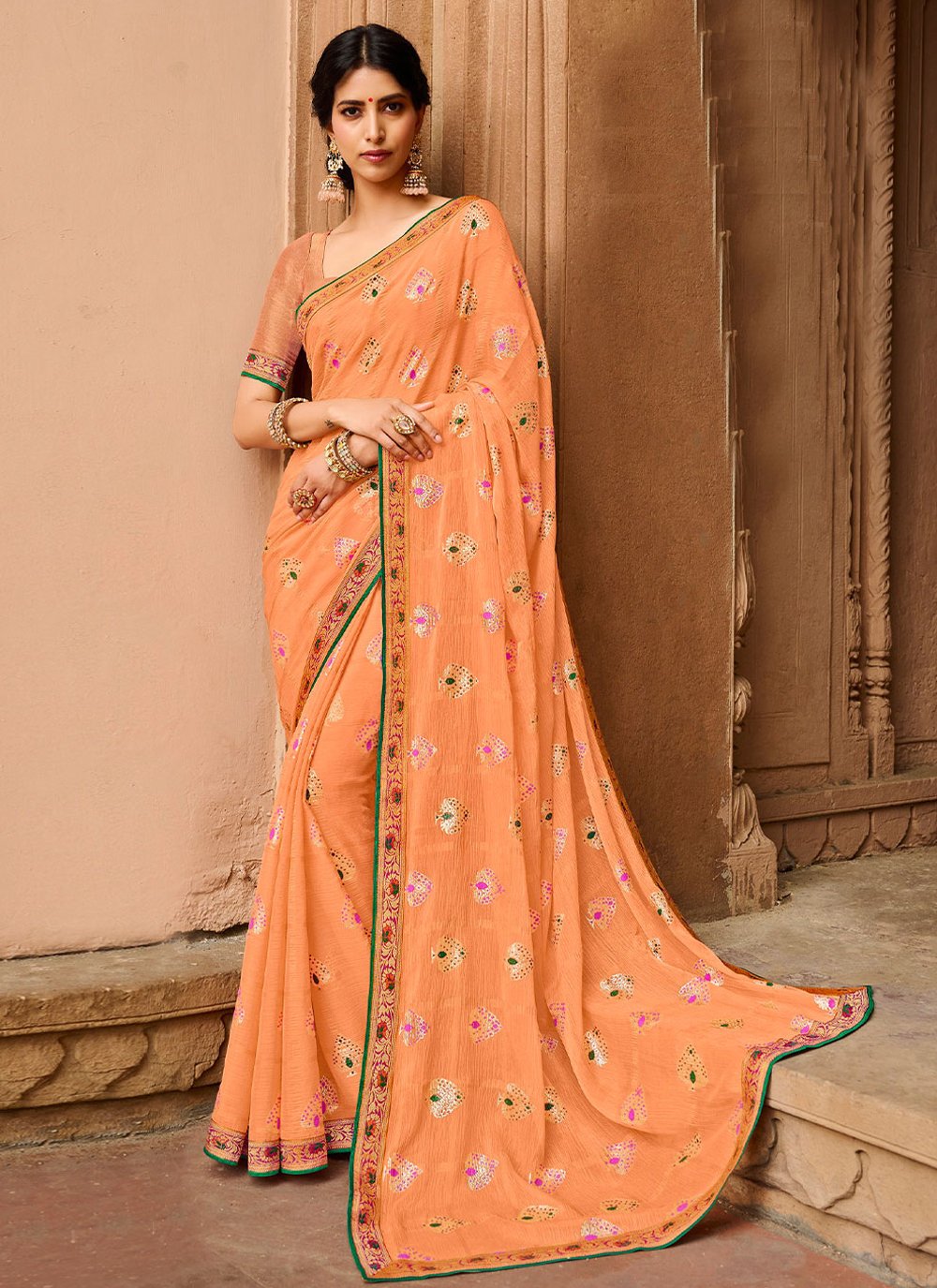 Contemporary Chiffon Peach Foil Print Saree