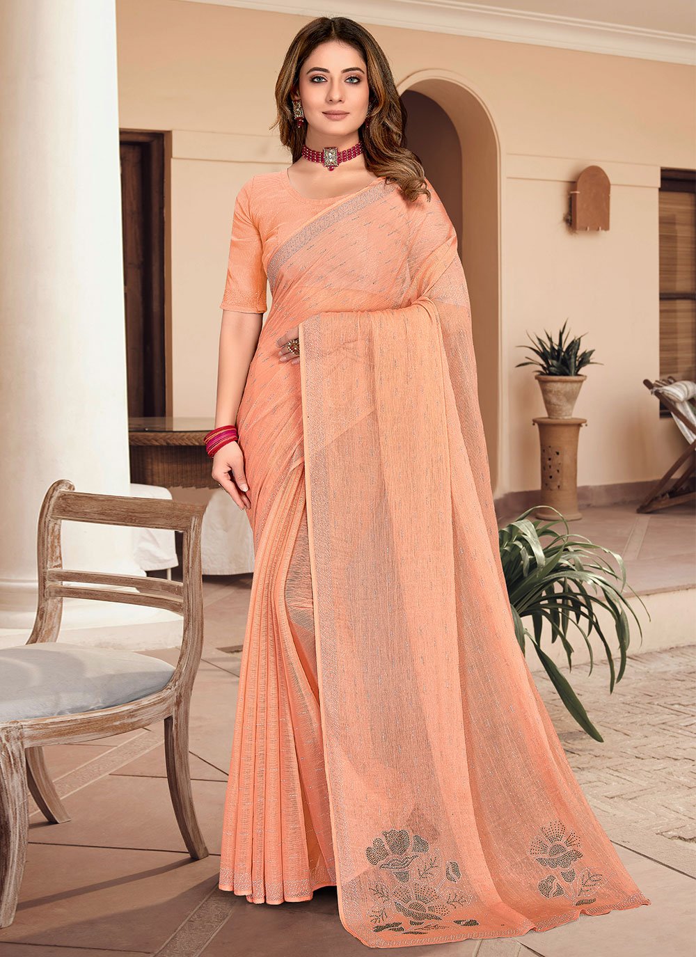 Designer Chiffon Peach Stone Saree