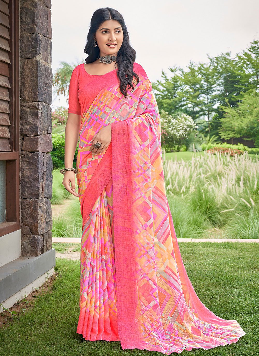 Trendy Saree Chiffon Pink Print Saree