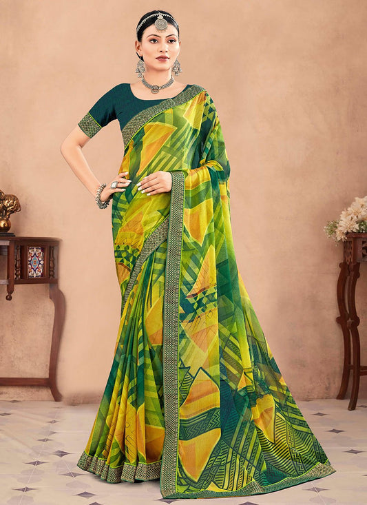 Contemporary Chiffon Green Patch Border Saree