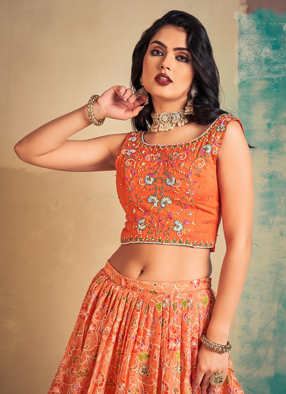 A Line Lehenga Chiffon Orange Hand Work Lehenga Choli