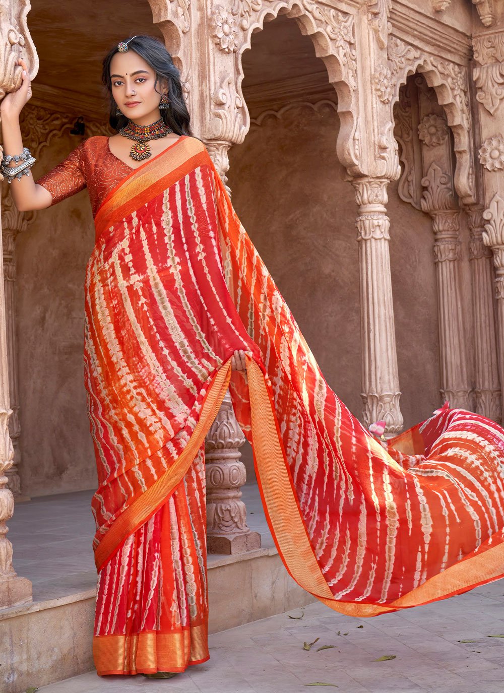 Classic Chiffon Red Print Saree