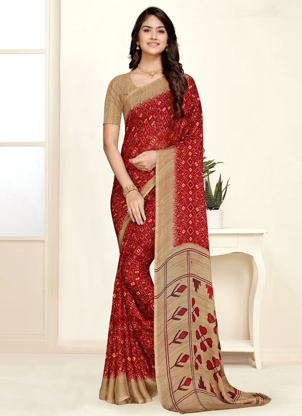 Classic Chiffon Red Print Saree