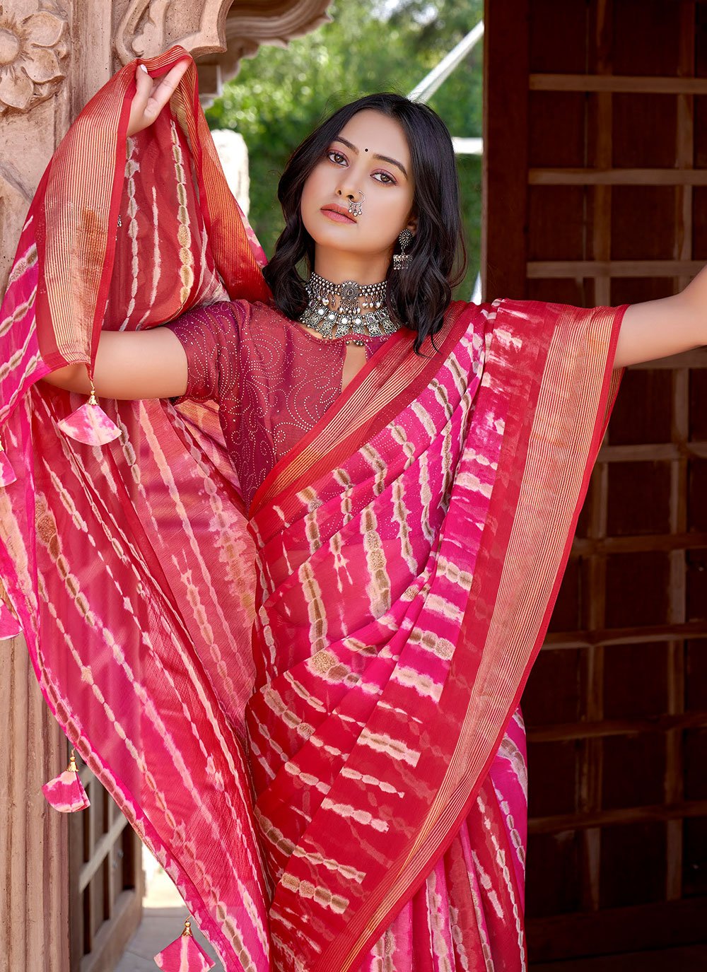 Contemporary Chiffon Pink Red Print Saree