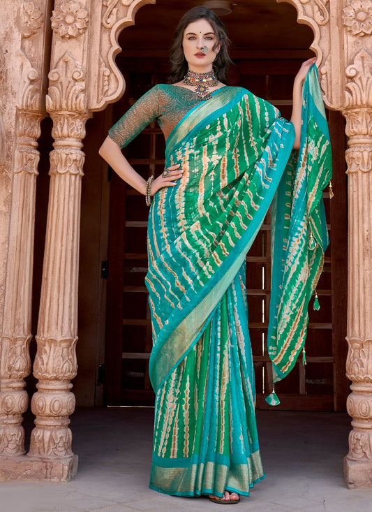 Classic Chiffon Green Turquoise Print Saree