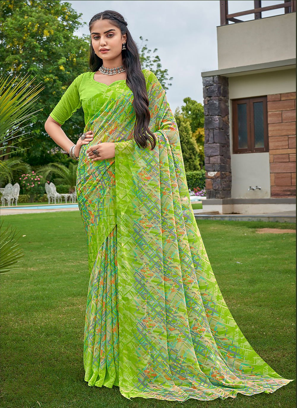 Trendy Saree Chiffon Green Print Saree