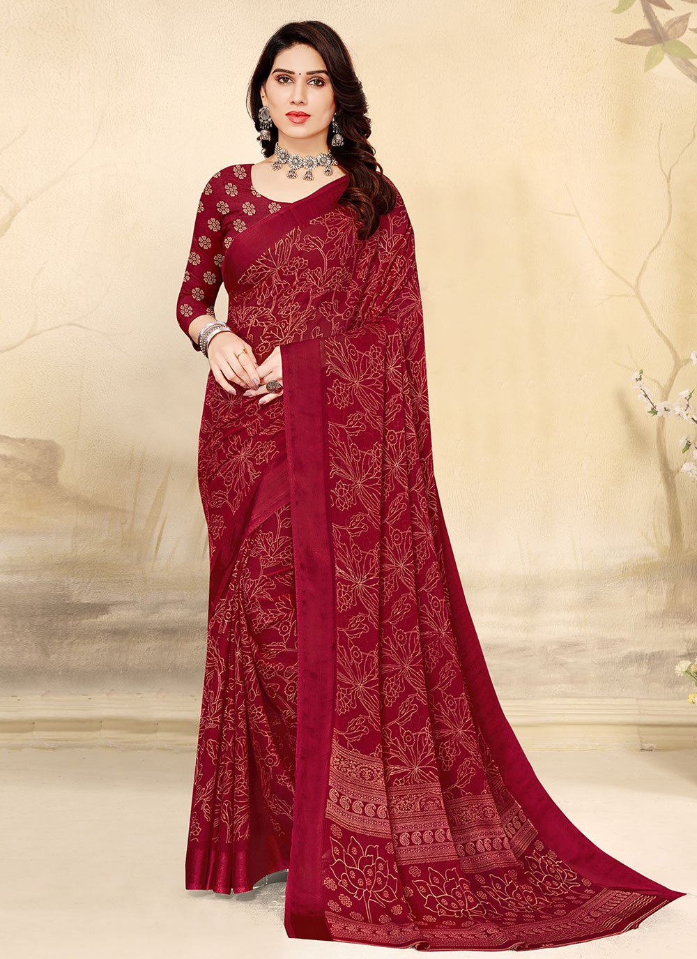 Trendy Saree Chiffon Red Print Saree