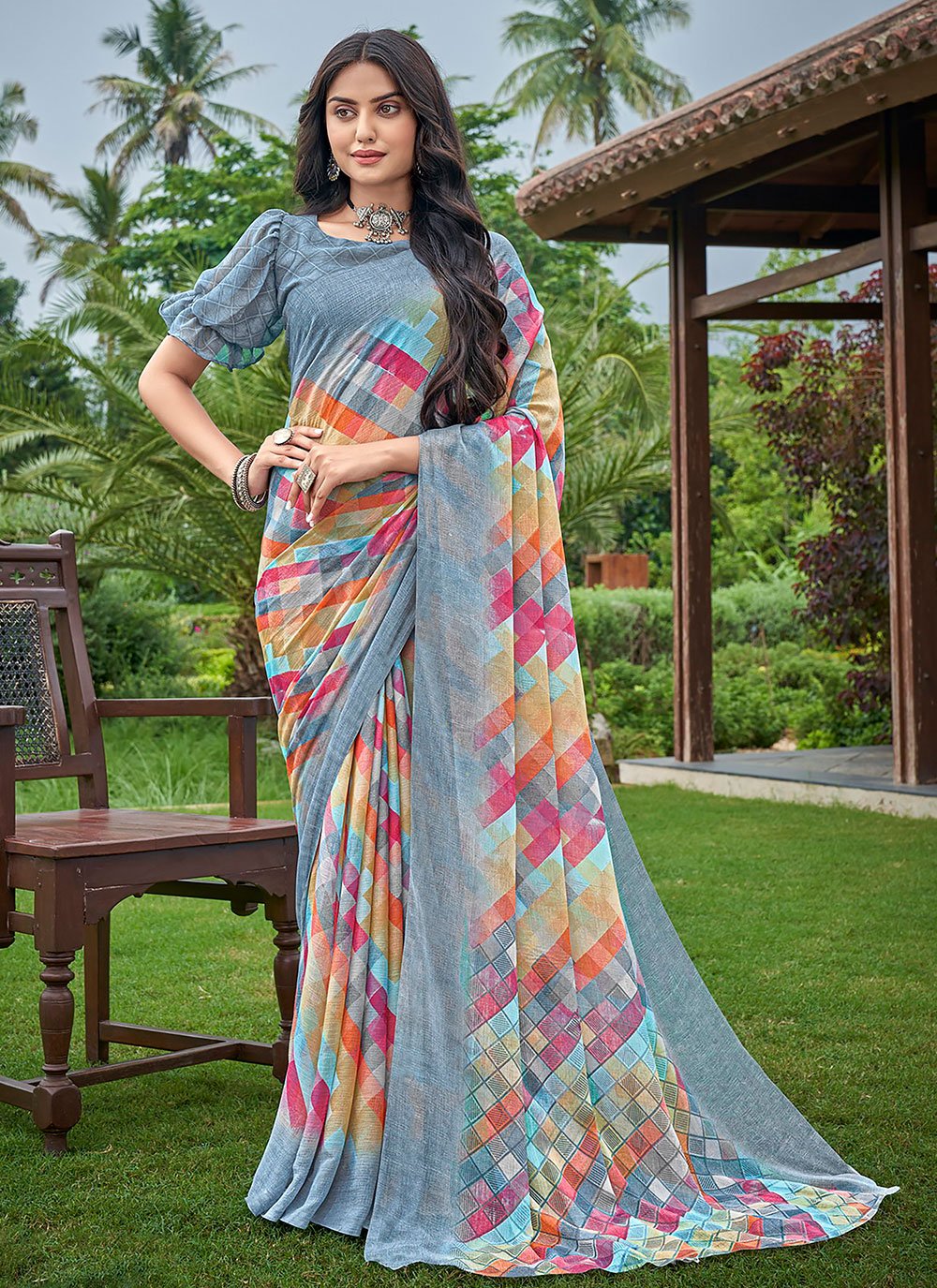 Classic Chiffon Grey Print Saree