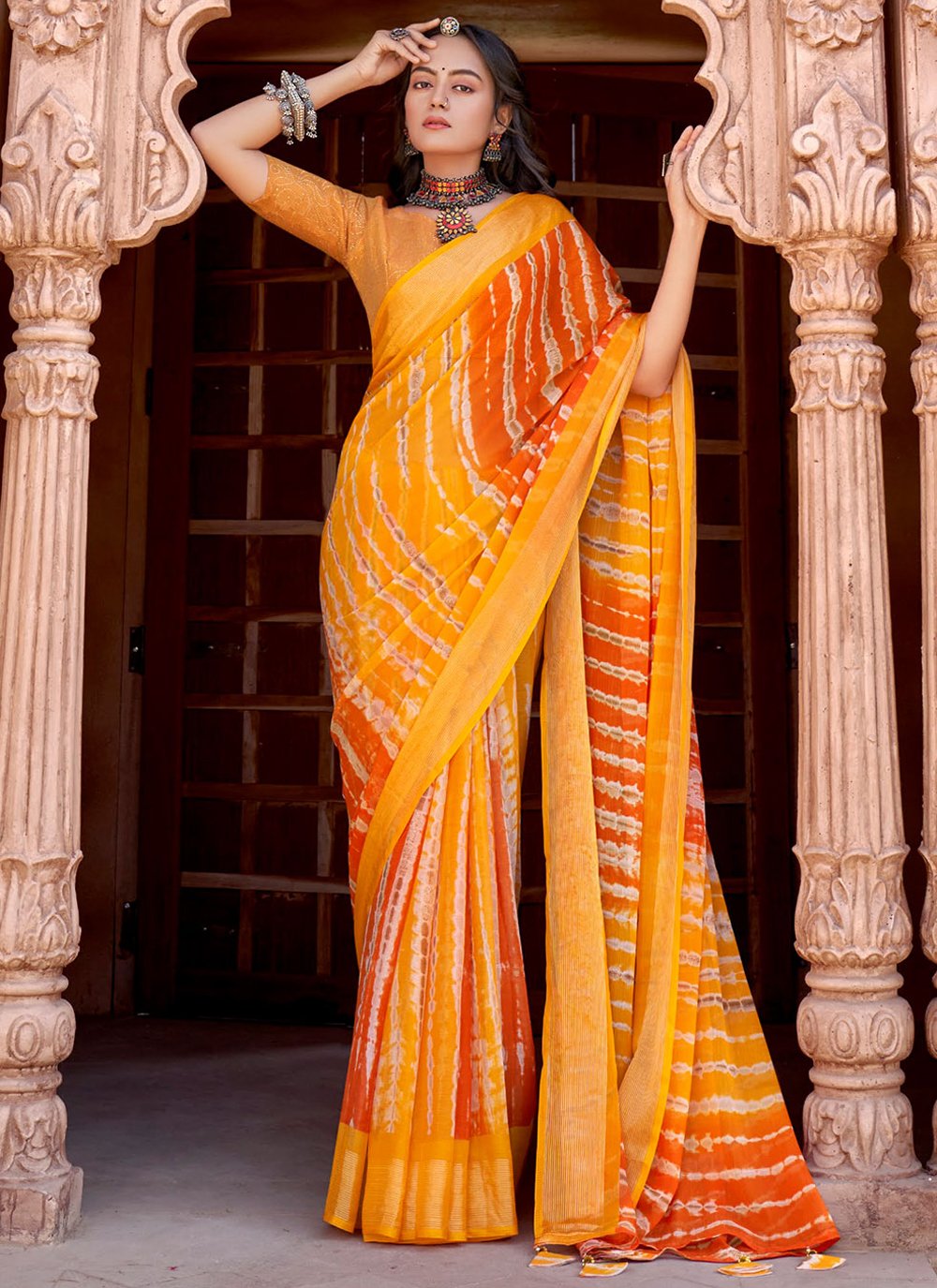 Trendy Saree Chiffon Yellow Print Saree