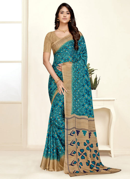 Classic Chiffon Turquoise Print Saree