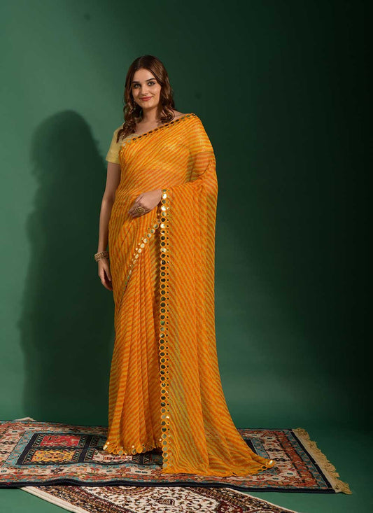 Trendy Saree Chiffon Yellow Mirror Saree