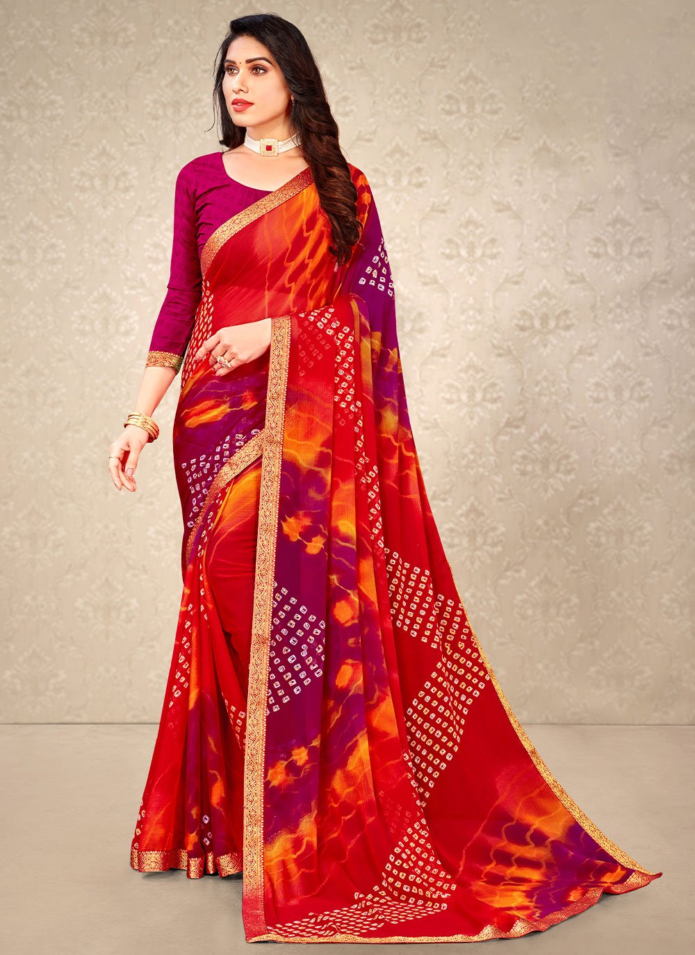 Classic Chiffon Red Patch Border Saree