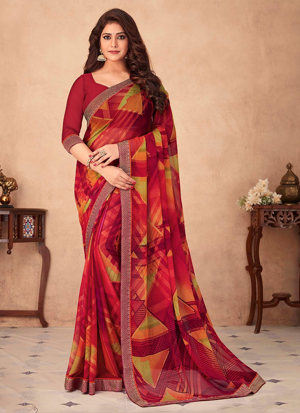 Classic Chiffon Red Patch Border Saree