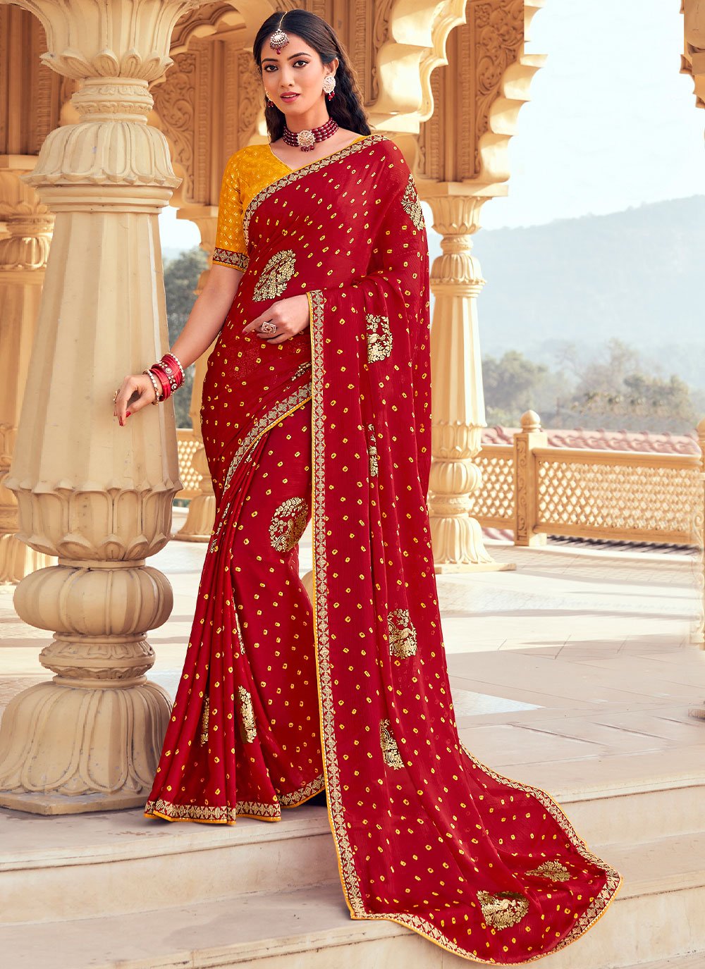 Bandhej Saree Chiffon Red Bandhej Saree